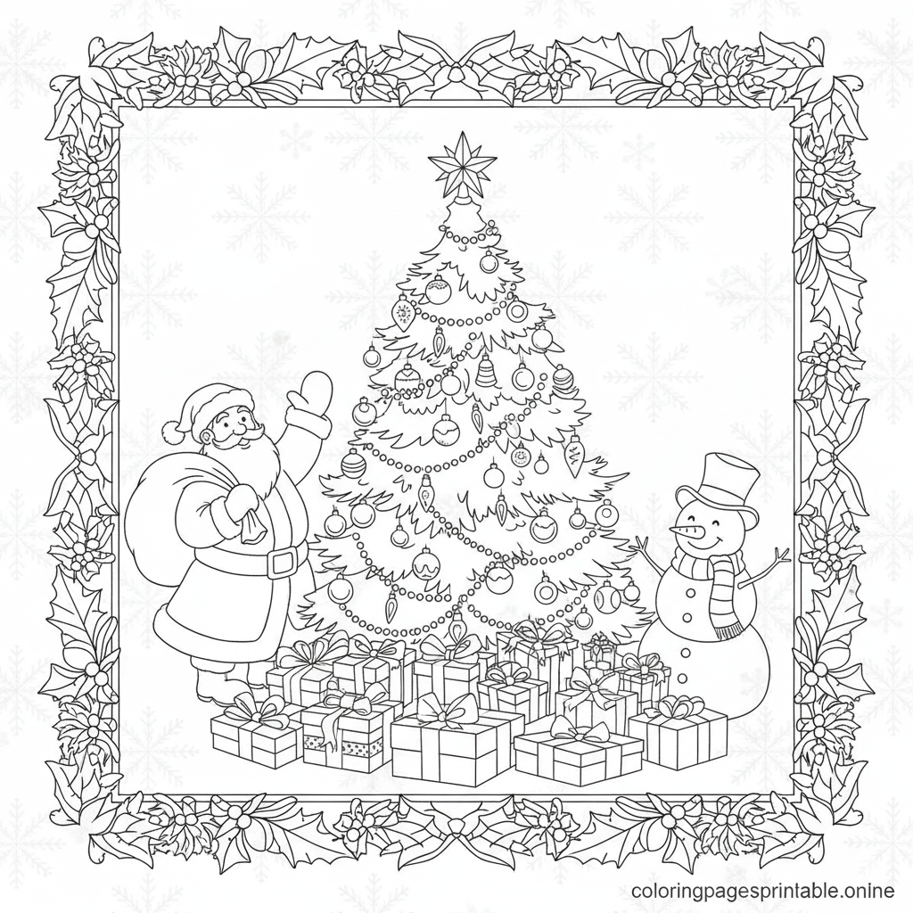 Free printable Christmas-themed coloring page - Santa-like figure, tree, gifts for all ages | coloringpagesprintable.online